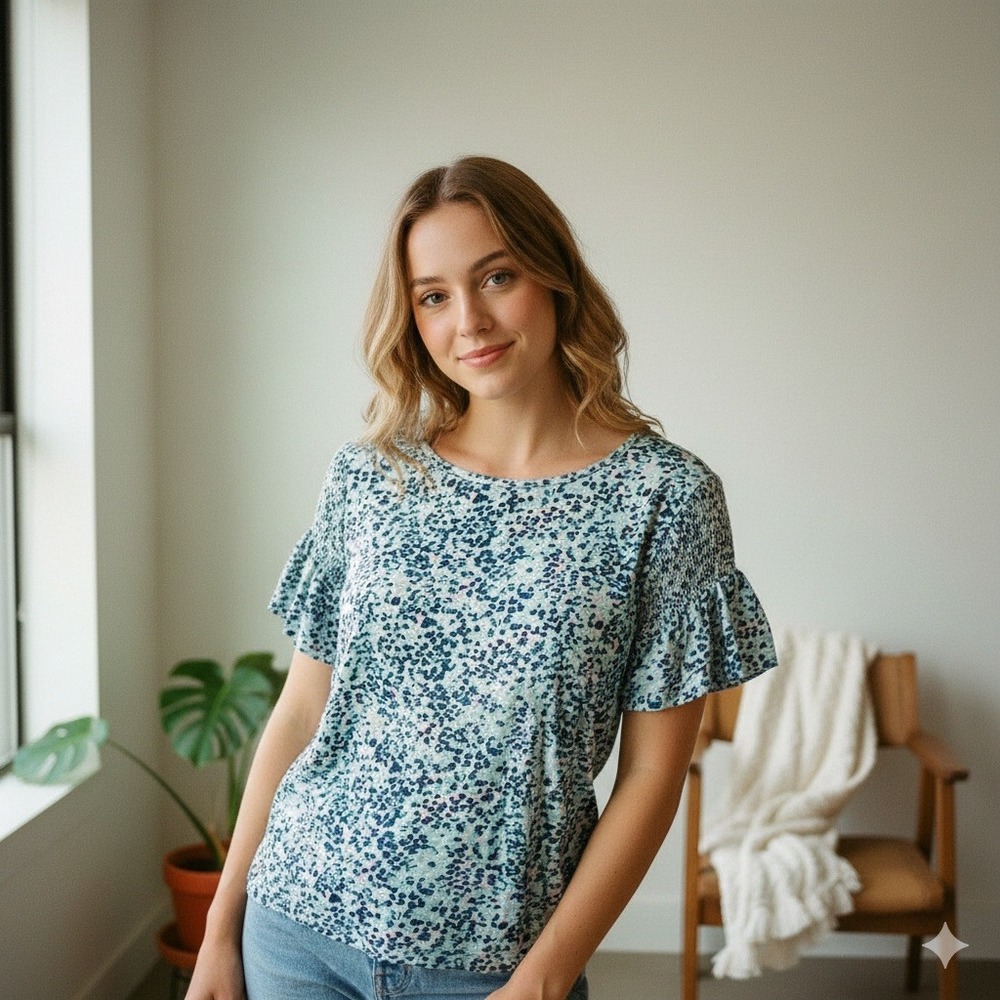LOFT Petite Blue & Green Floral Smocked‎ Print Flutter Sleeve Blouse - Size S